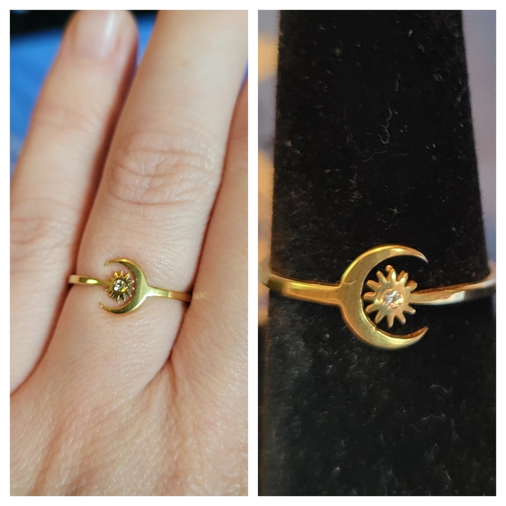 Goldtone Dainty Moon & Star Ring